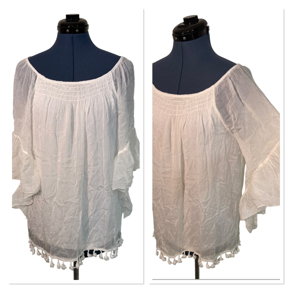 Giusy White Silk Tassel Hem Ruffle Bell Sleeve Top Coquette Fairy Coastal M NEW